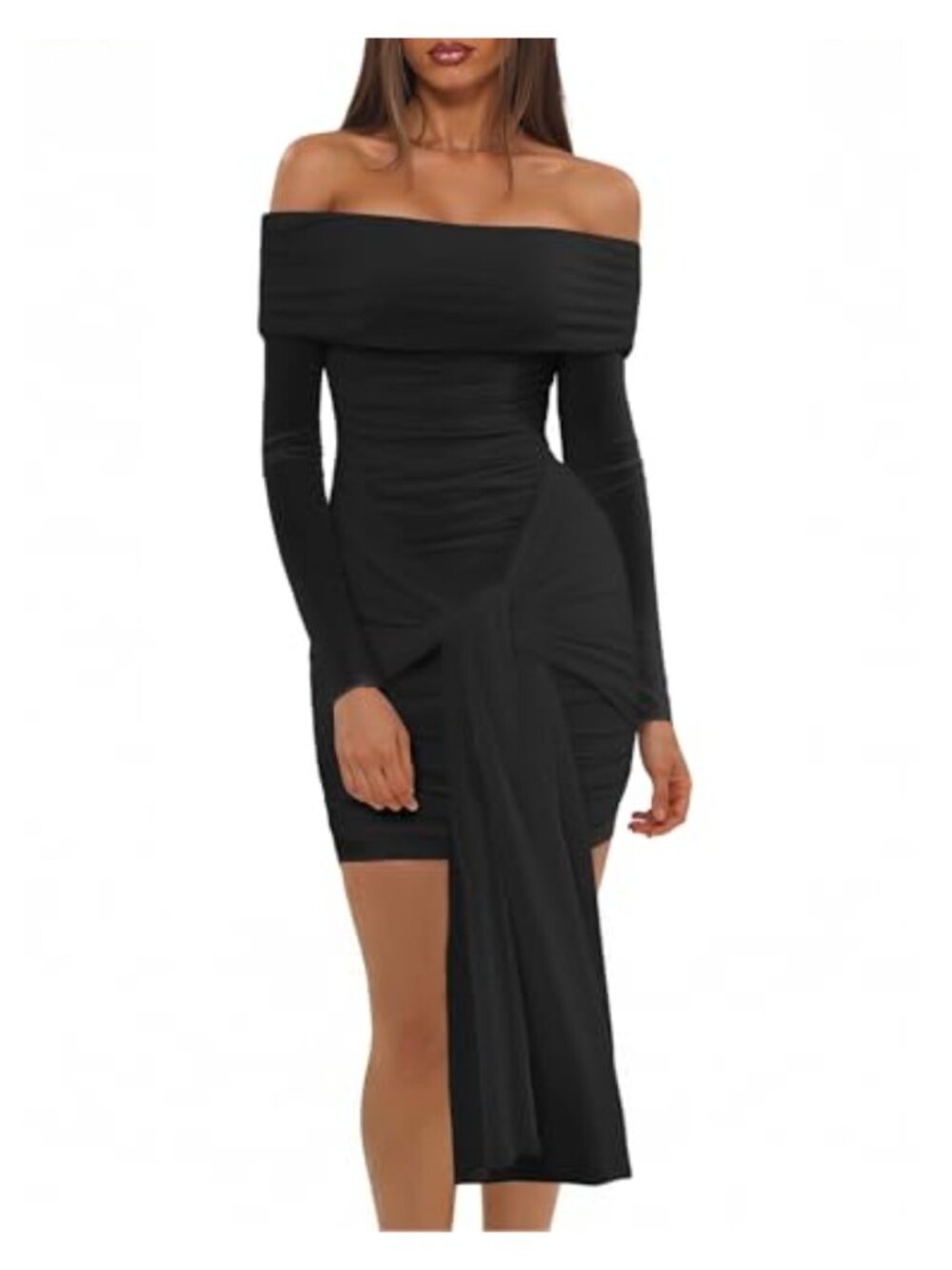 Off Shoulder Mesh Long Sleeve Ruched Bodycon Dress Women Wrap Formal